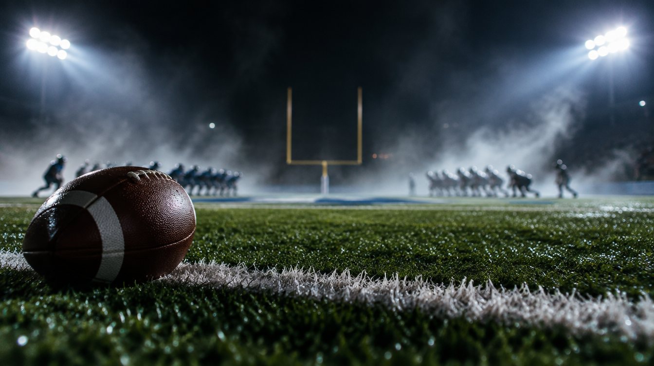 A football resting on the 3-yard line under stadium lights with the end zone and goal posts behind it.