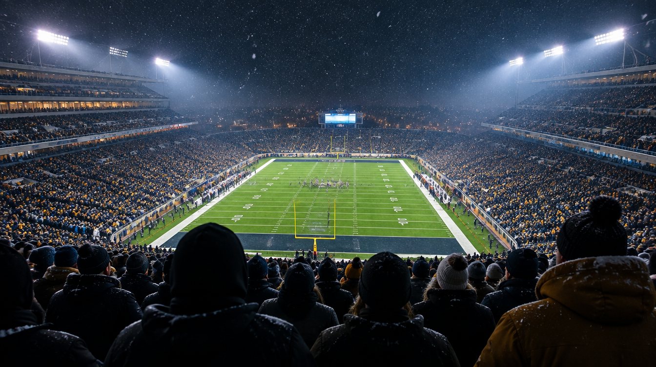 A packed college football stadium under floodlights on a snowy December night during a playoff game.