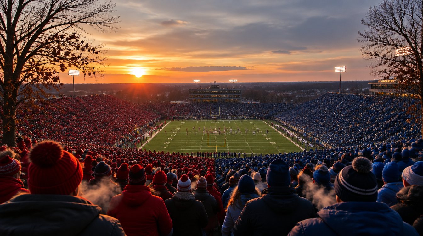 A stadium split between two fan bases in contrasting colors at dusk during a late November rivalry game.