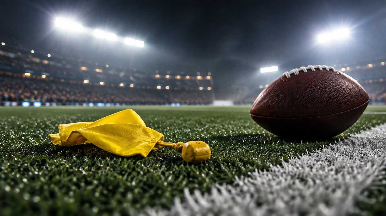 A yellow penalty flag on the turf next to a football at the goal line under stadium lights