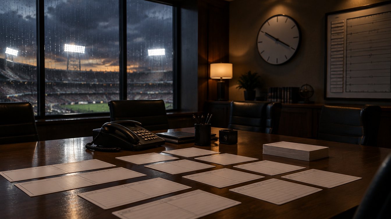 Dim football front office at dusk with a desk phone, blank roster cards and a clock nearing four o'clock