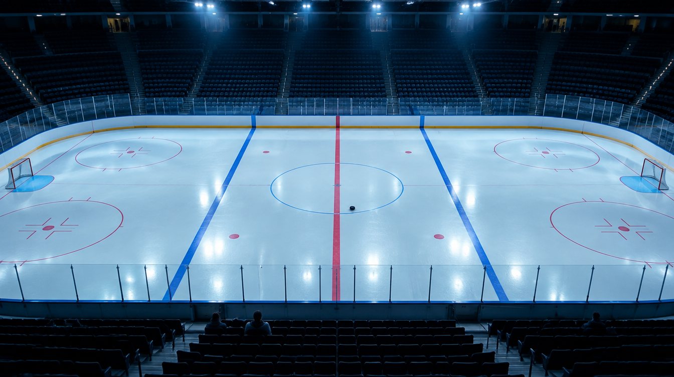 An empty hockey rink from above showing the red center line, the blue lines and a puck on fresh ice