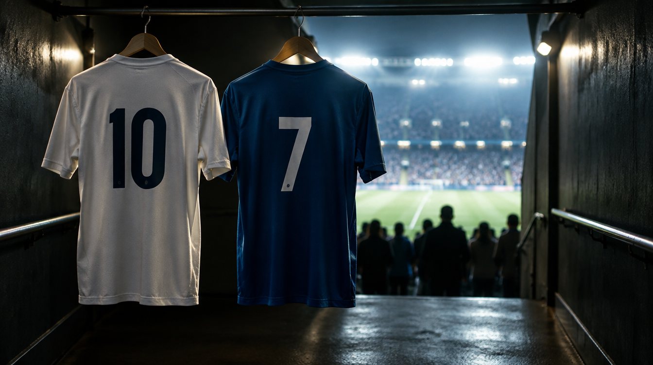 Two plain soccer shirts numbered 10 and 7 hanging in a stadium tunnel under floodlights