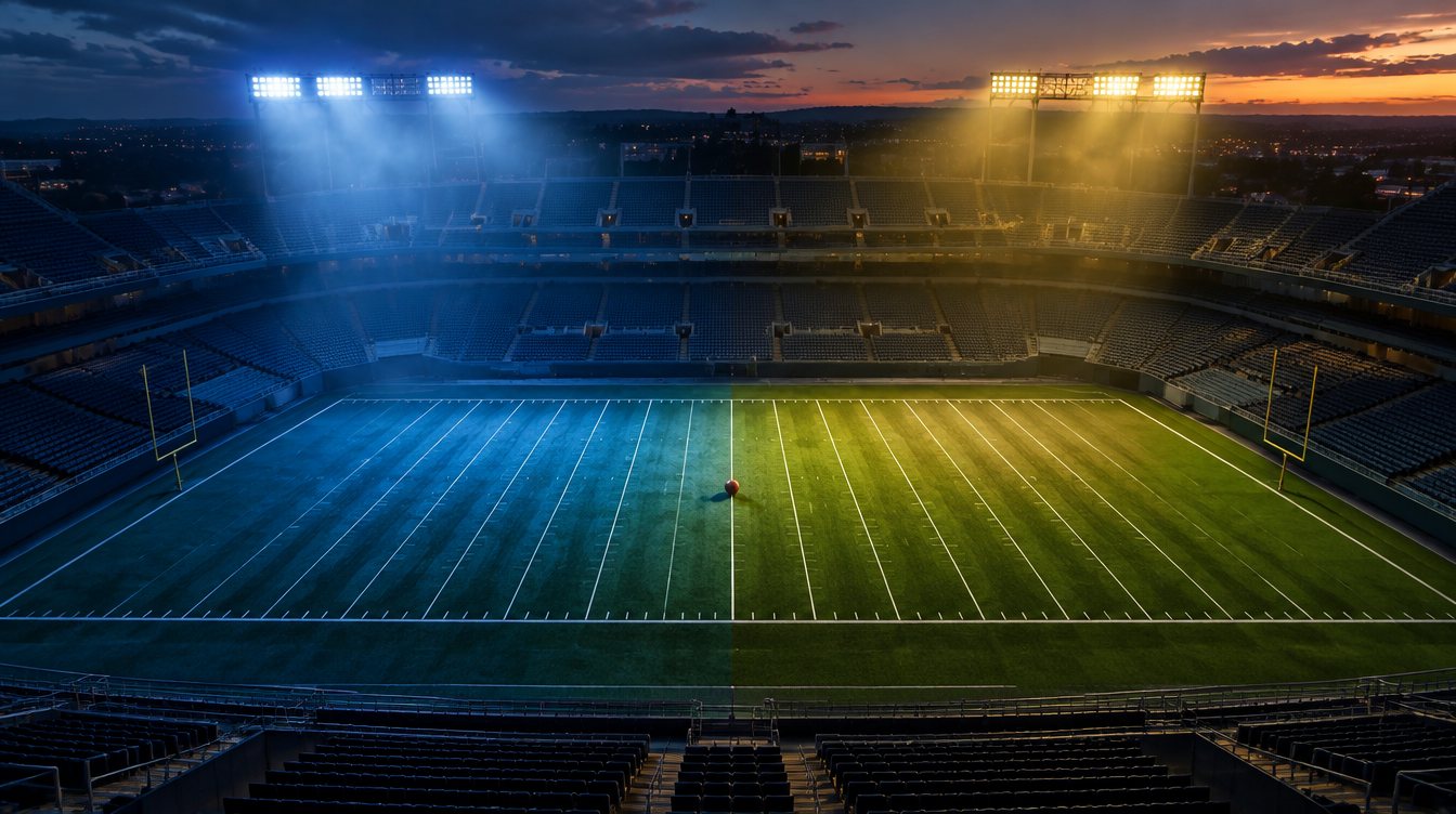 Empty football stadium at dusk with the field split between blue and green light and a single football on the 50-yard line