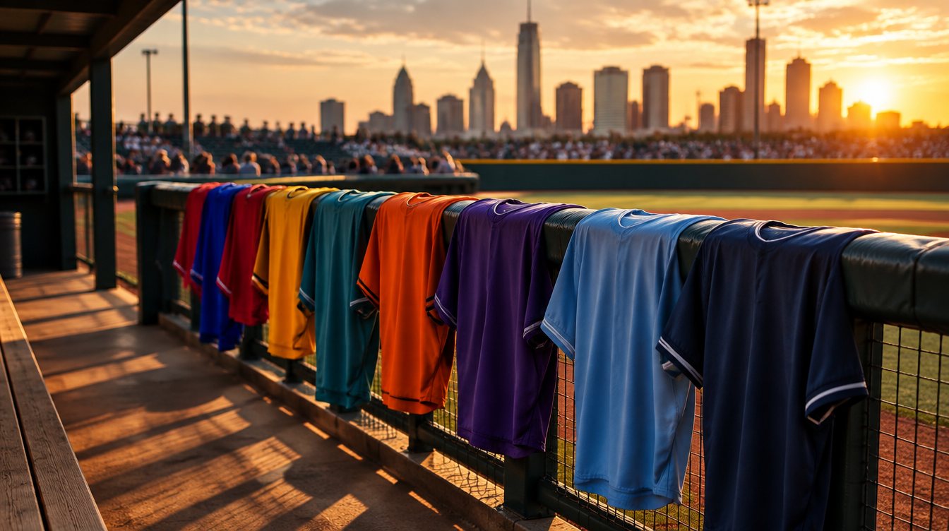 Colorful plain baseball jerseys hanging on a dugout rail at golden hour with a city skyline beyond the outfield