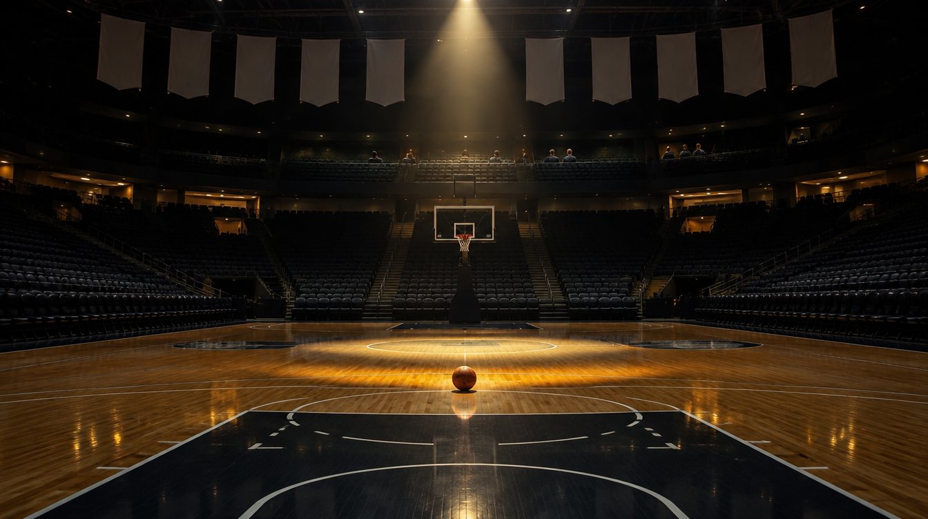 A basketball on the free throw line of an empty arena with plain banners hanging from the rafters