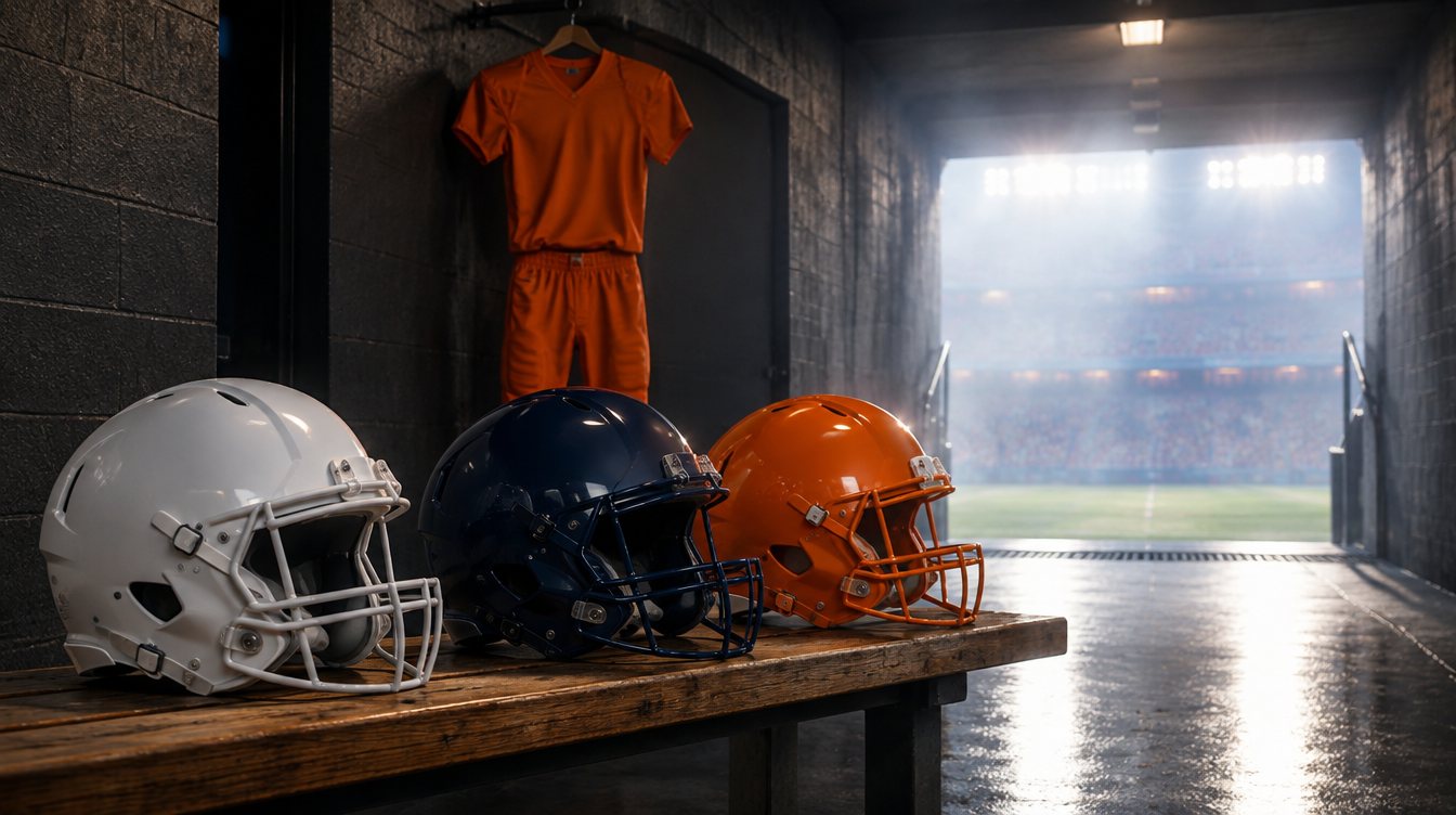 Three solid color football helmets and a monochrome uniform in a stadium tunnel