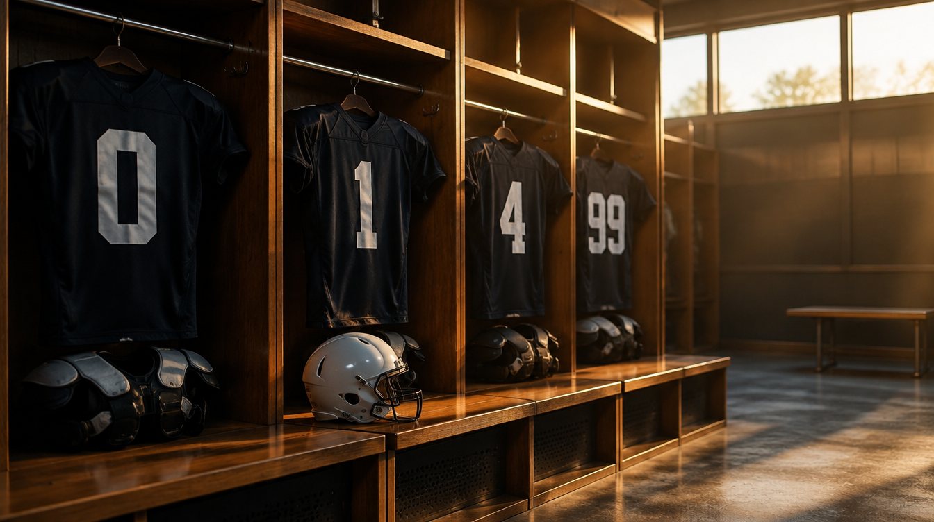 Unbranded football jerseys with single digit and high numbers hanging in a locker room