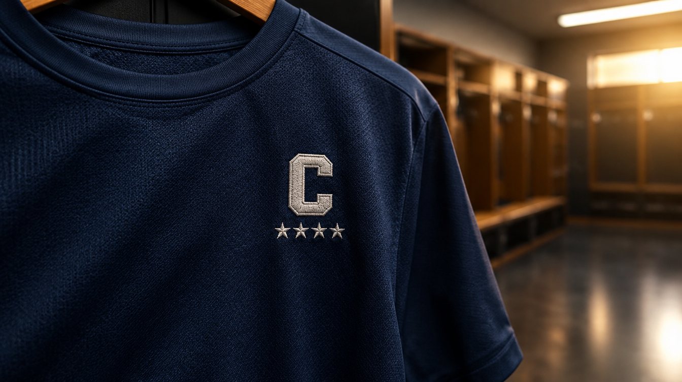 Close up of a captain C patch with four stars on a dark football jersey
