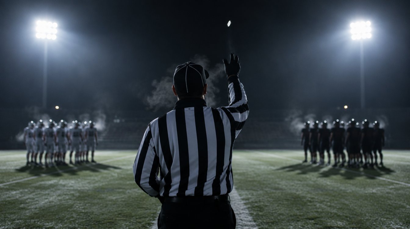 Referee seen from behind tossing a coin at midfield under night floodlights before overtime