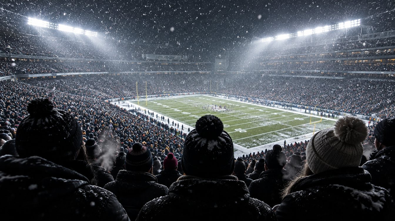 Snowy night playoff atmosphere seen from behind fans high in a floodlit football stadium