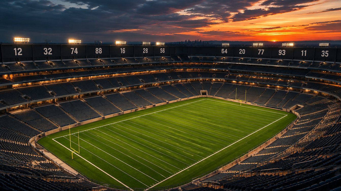 Plain retired style numerals on the upper deck facade of an empty stadium at dusk