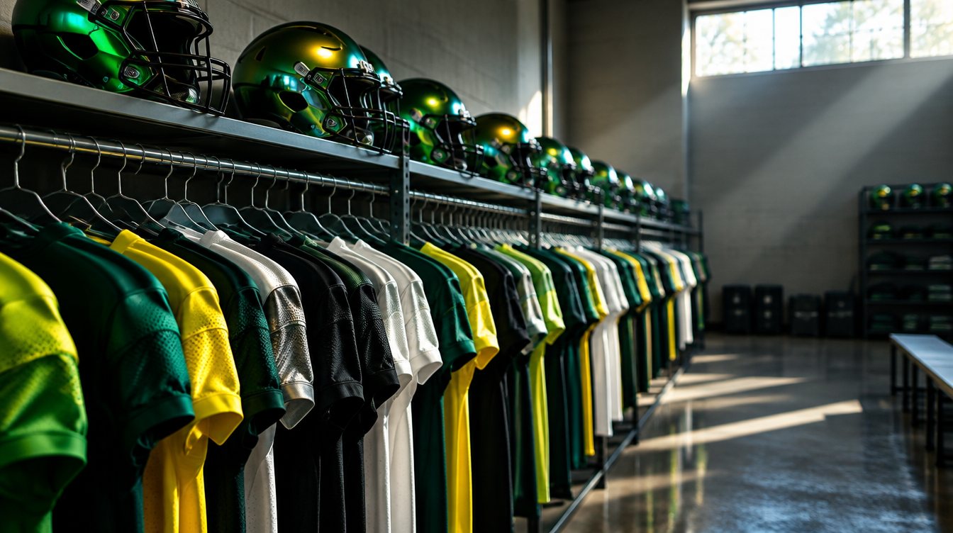Rows of green, yellow, black and white football jerseys and glossy metallic helmets in an equipment room.