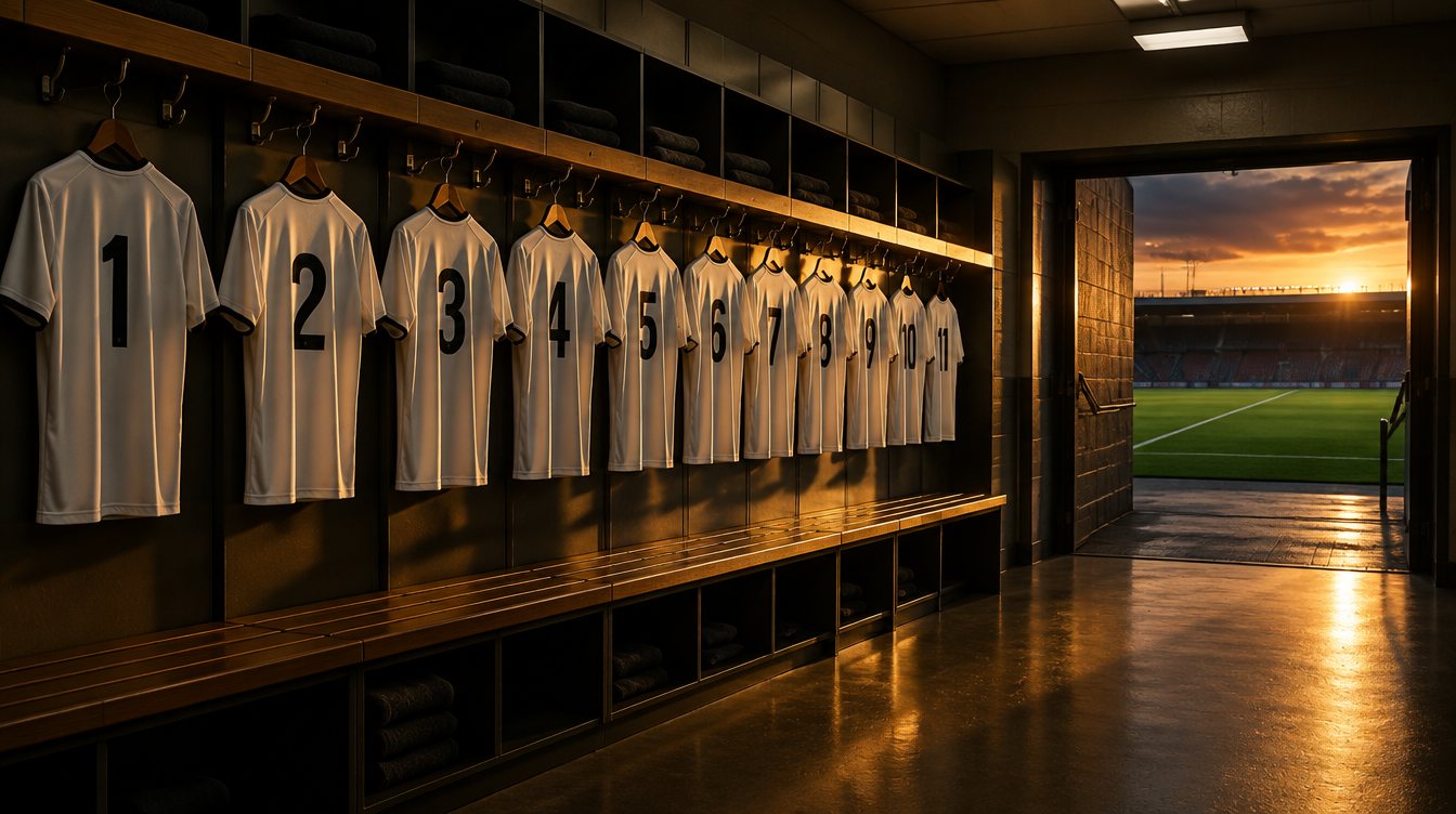 Plain soccer shirts numbered 1 to 11 hanging in a locker room with the pitch visible through the tunnel