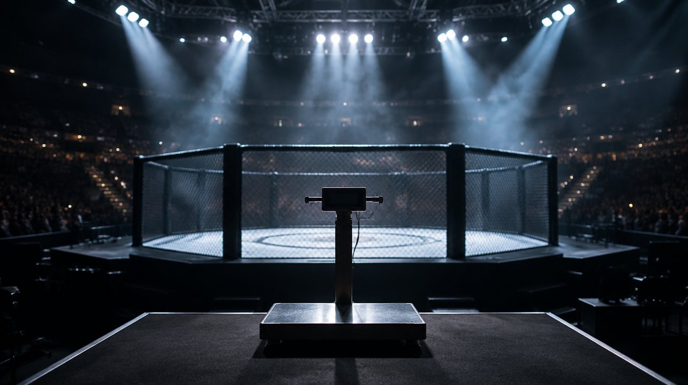 Empty MMA cage under arena spotlights with a weigh-in scale in the foreground