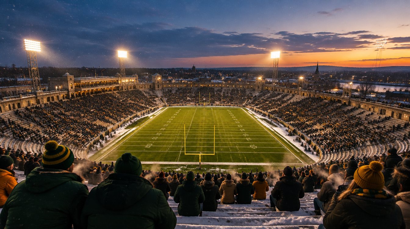 Fans in green and gold winter coats watch from the upper stands of a snowy outdoor football stadium at dusk