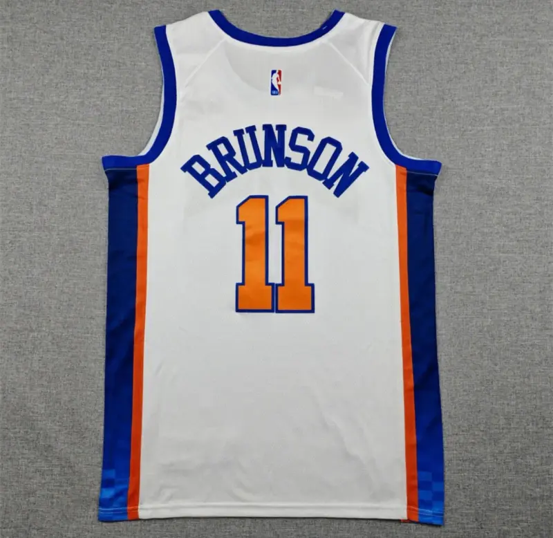 Jalen Brunson White With Blue Side Panels New York Knicks Jersey