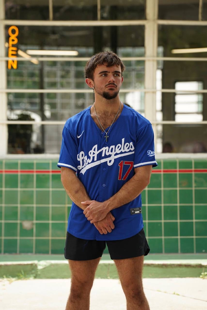 Front view of a blue Los Angeles number 17 baseball jersey being worn