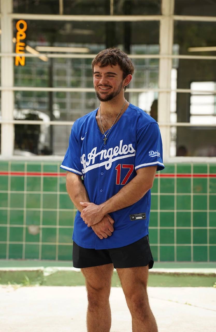 Person wearing a blue Los Angeles number 17 baseball jersey