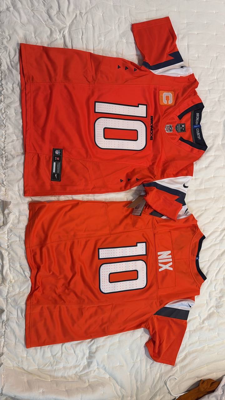 Front and back views of orange Denver Nix number 10 football jerseys