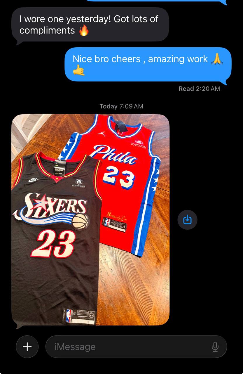 Customer message: I wore one yesterday! Got lots of compliments 🔥. Photo of two Philadelphia 76ers number 23 jerseys.