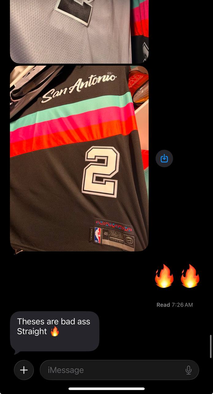 Customer message: Theses are bad ass Straight 🔥. Photo of a San Antonio Spurs number 2 jersey.