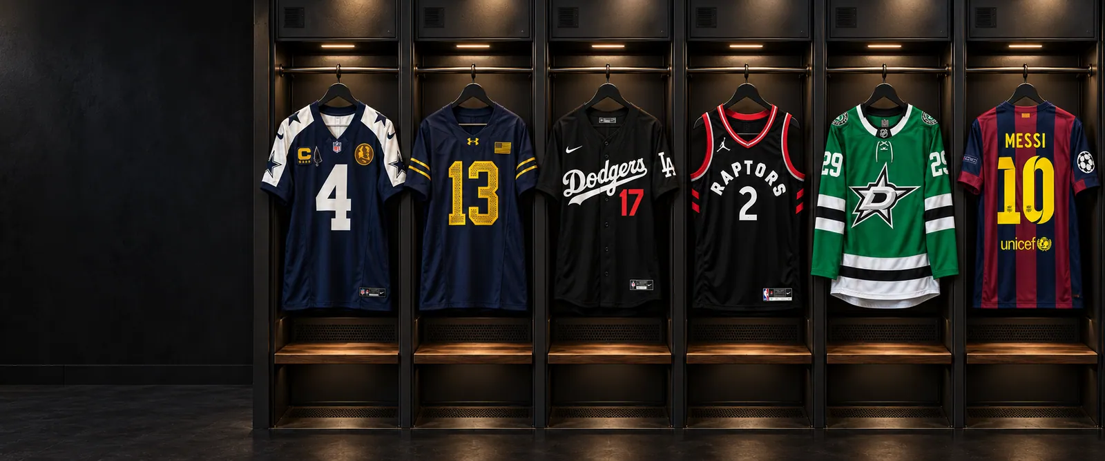 NFL, college football, baseball, basketball, hockey and soccer jerseys displayed in dark lockers